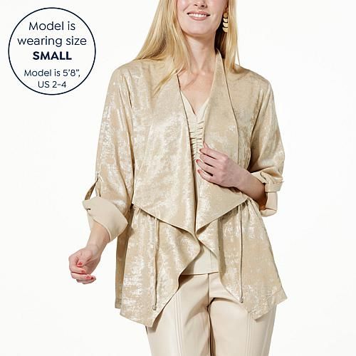 Colleen Lopez Woven Cascade Front Jacket   It's time to shine. This metallic-finish jacket strikes a perfect balance of cozy-chic elegance. The open cascading front design makes this garment an essential layering piece for any wardrobe. Elegant Gold Blazer For Spring, Chic Gold Long Sleeve Outerwear, Elegant Gold Winter Outerwear, Elegant Fall Layering Outerwear, Chic Gold Outerwear For Fall, Gold Long Sleeve Outerwear For Spring, Chic Gold Outerwear For Spring, Gold Evening Outerwear For Spring, Chic Gold Cardigan For Fall