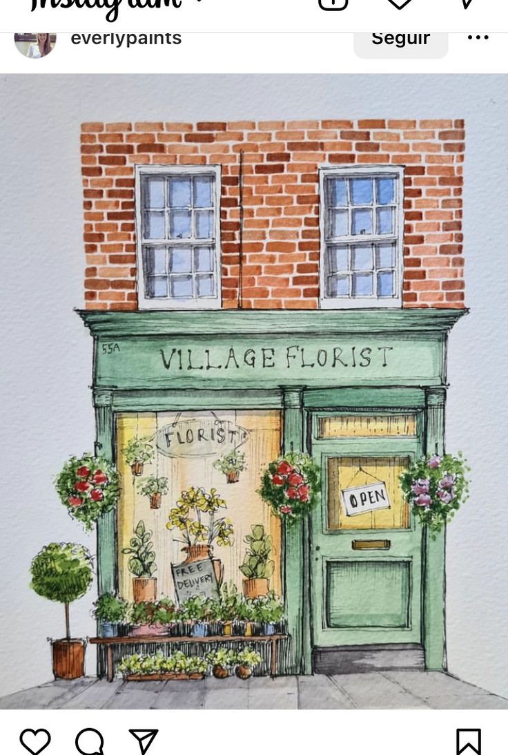 a watercolor painting of a store front with potted plants on the outside and a sign that reads village florist