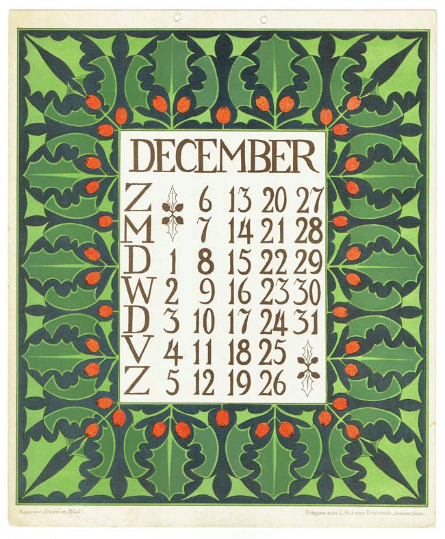 an art nouveau style calendar with numbers and holly leaves on green, red and black background