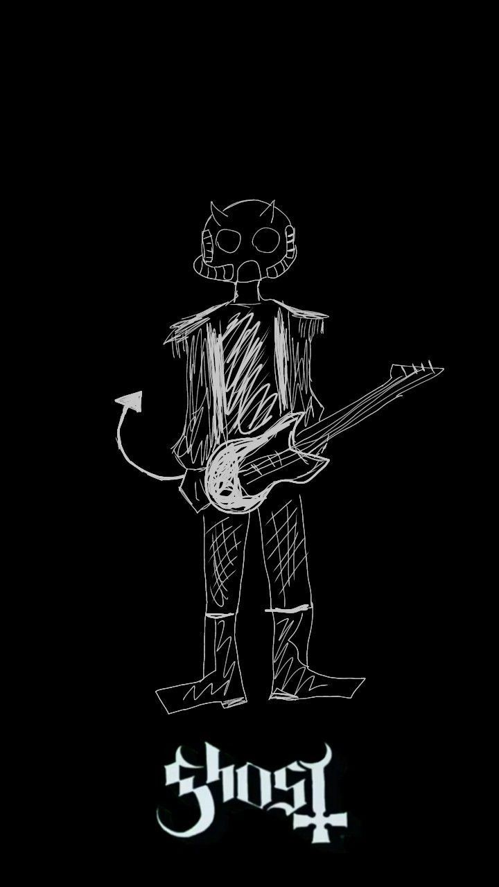 a drawing of a skeleton with a guitar in his hand and the word ghost on it