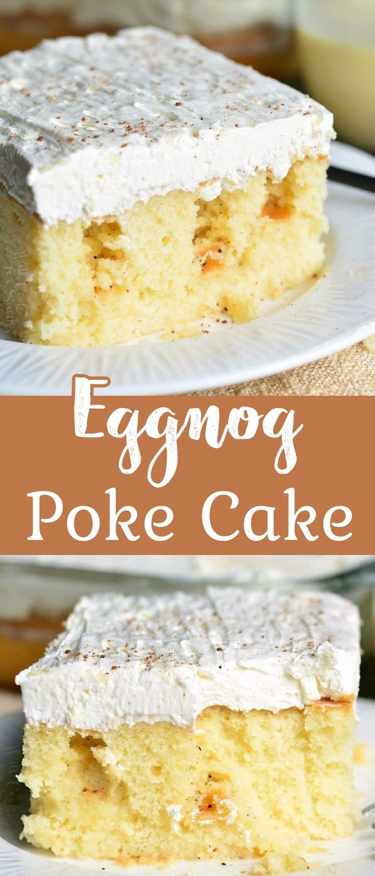 eggnog poke cake with white frosting on top and the rest of the cake in the background