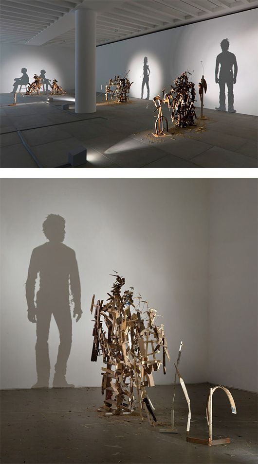 two pictures with different types of sculptures in the middle and on the right, there is a shadow of a man standing next to them