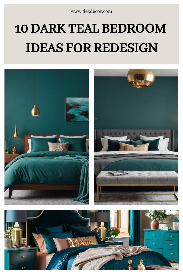 10 dark teal bedroom redesign ideas including plush bedding, accent pillows, and gold decor elements. Teal And Silver Bedroom Ideas, Teal Bedroom Walls Colour Schemes, Dark Teal And Copper Bedroom, Teal And Gold Bedroom Decor, Dark Teal And Grey Bedroom, Paint Drenching Bedroom, Bedroom Inspirations Teal And Grey, Dark Teal Bedroom Accessories, Teal And Gold Bedroom Ideas