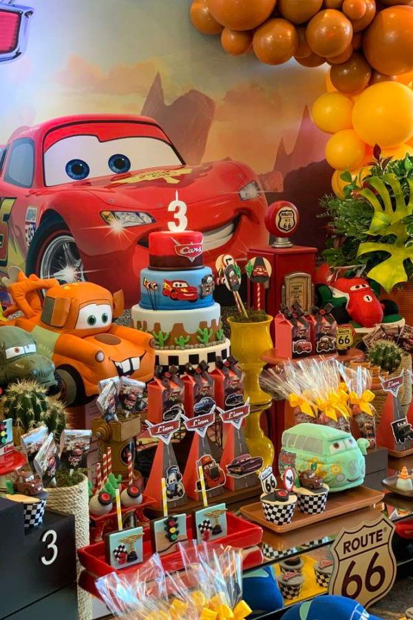 cars themed birthday party with balloons and decorations