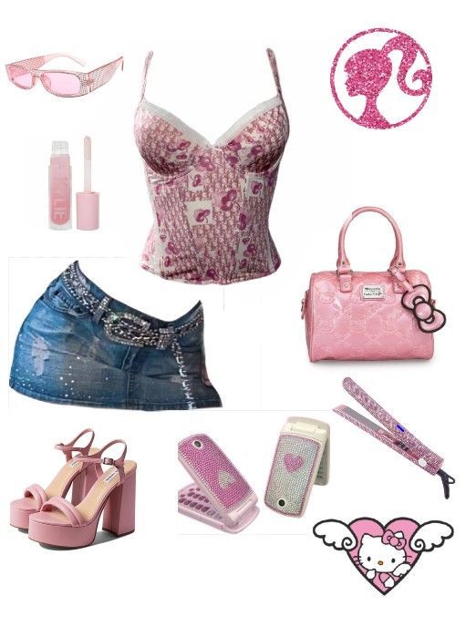 200s Outfit Ideas, Pink 2000s Fashion, Pink Y2k Fits, Pink Y2k Outfit 2000s, Kail Uchis Outfits, Trashy Y2k Fits, Pink Bimbocore Outfits, Mcbling Outfits Pink, Girly Outfits Y2k