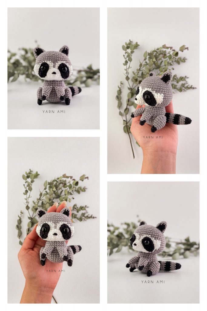 four different pictures of a stuffed raccoon holding some flowers in it's hand