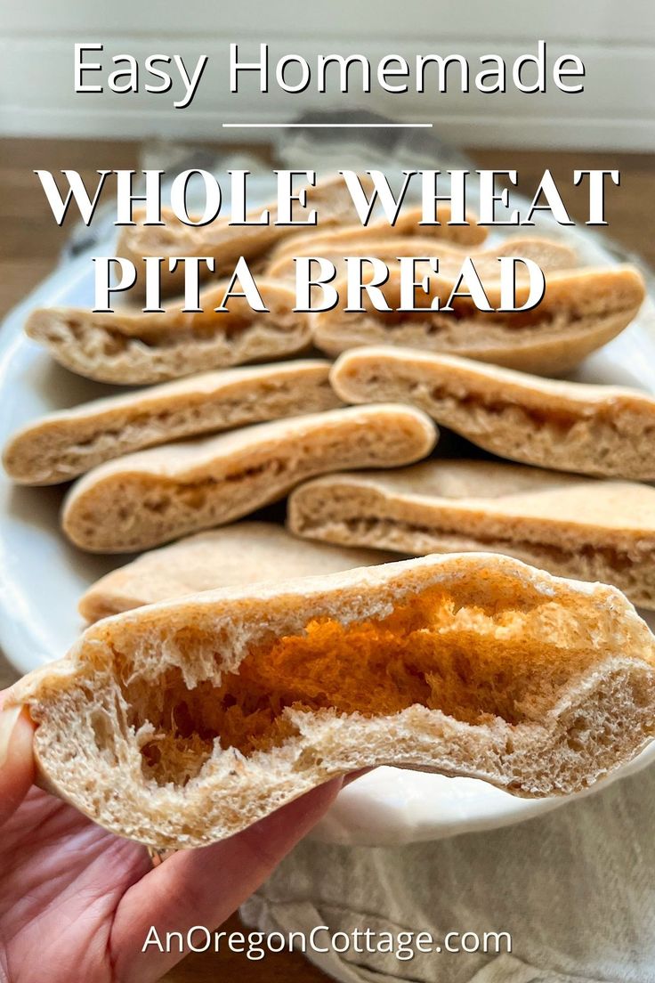 homemade whole wheat pita bread on a white plate