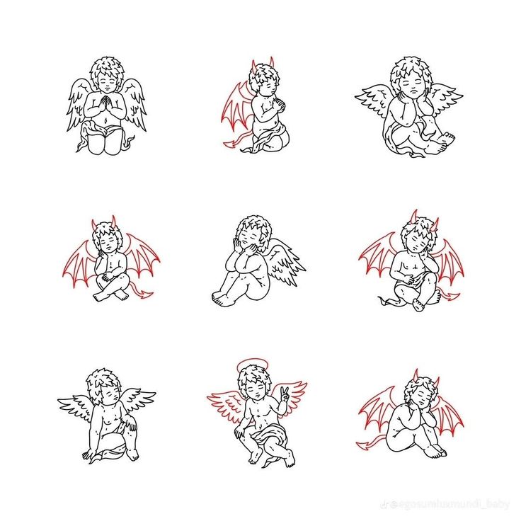 nine cherubs with red and black ink