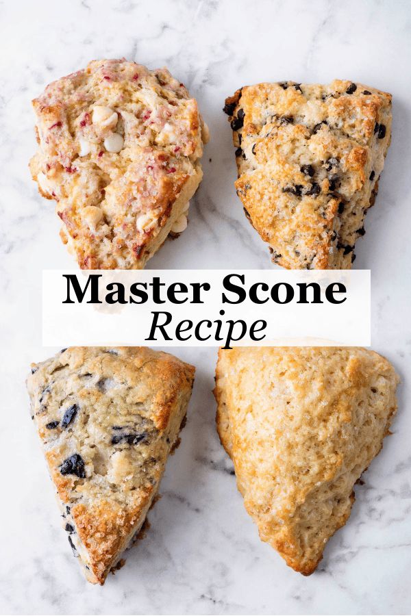 four scones on a marble surface with the words, master scone recipe