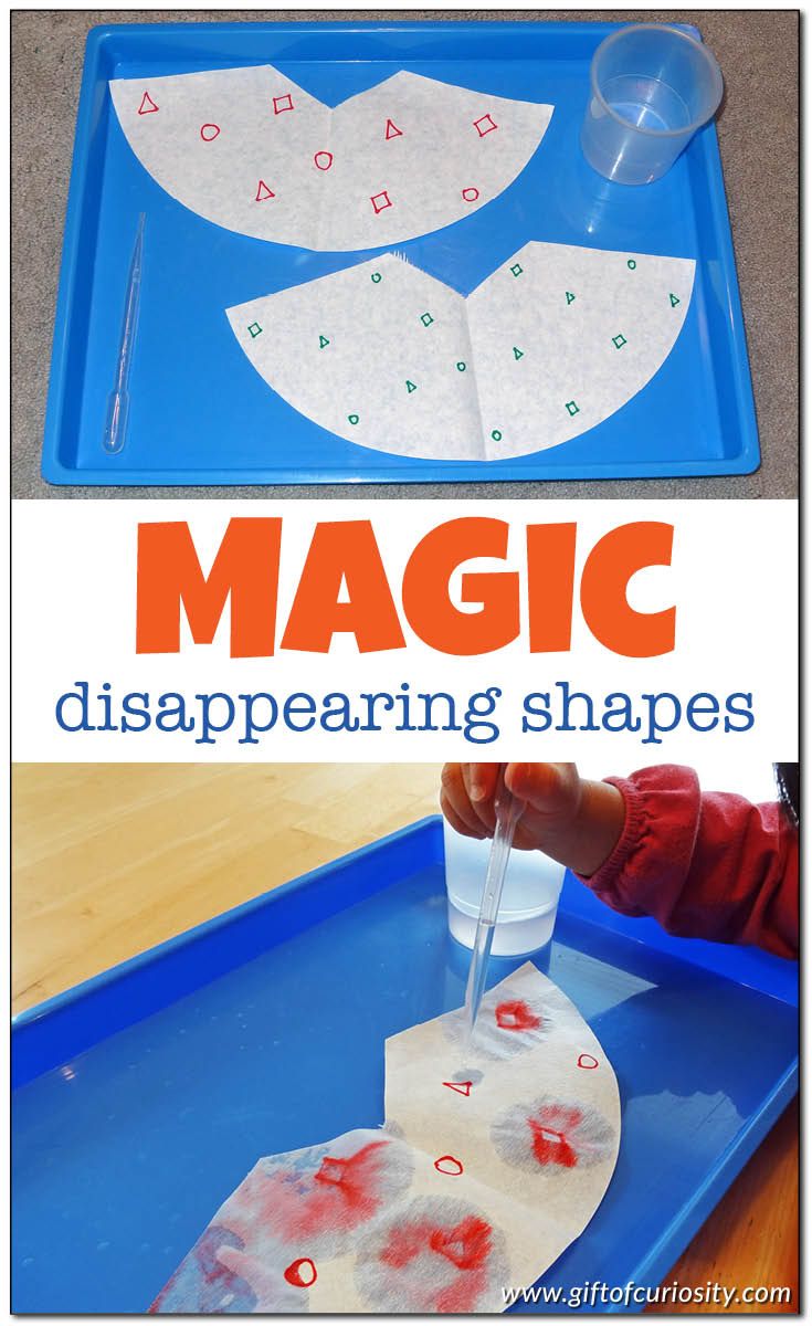 a blue tray with some paper plates on it and the words magic disappering shapes