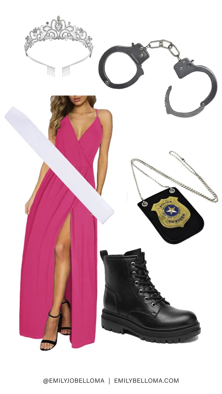 a woman in a pink dress and some accessories