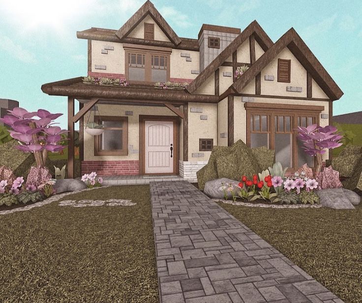 a drawing of a house with flowers in the front yard and walkway leading to it