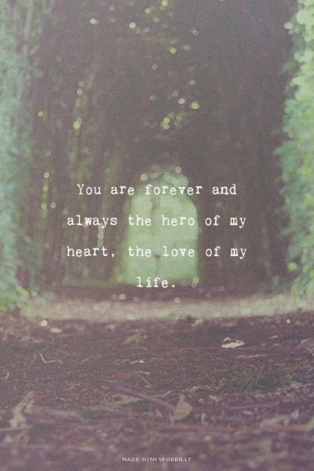 an image of a forest path with the words you are forever and always the hero of my heart, the love of my life