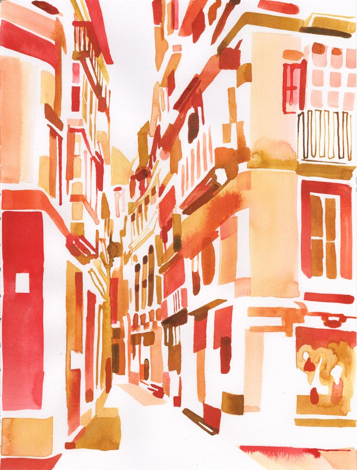 watercolor painting of an alleyway with buildings and red shutters on the windows