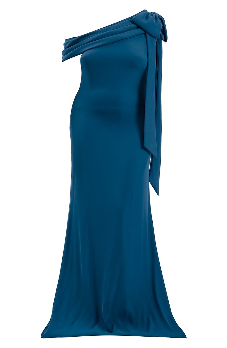 A timeless trumpet silhouette and a bow with trailing ties make this one-shoulder crepe gown an elegant choice for a variety of occasions. 59" length (size 18W) Hidden side-zip closure One-shoulder neck Single cold-shoulder short sleeve Lined 100% polyester Dry clean Imported One-shoulder Evening Dress With Bow For Gala, One Shoulder Evening Dress With Bow For Gala, Elegant One-shoulder Bias Cut Evening Dress, One-shoulder Fitted Evening Dress With Bow, Fitted One-shoulder Evening Dress With Bow, Elegant One-shoulder Bias Cut Wedding Dress, Elegant One-shoulder Wedding Dress With Bias Cut, Elegant One Shoulder Sleeveless Dress With Bow, Fitted One Shoulder Dress With Bow For Formal Events