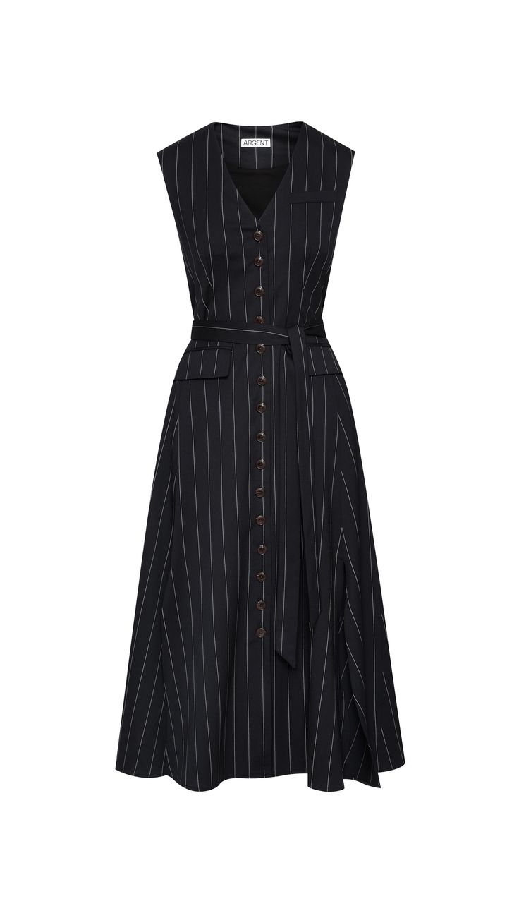 This easy, elevated midi dress in an extra soft Italian wool provides effortless polish all year long. Featuring besom pockets and an adjustable belt, the all-occasion dress is designed with vest details and a center-front button closure. Denim Outerwear, Wear Green, Navy Midi Dress, Sleeveless Vest, Short Jumpsuit, Adjustable Belt, Vest Dress, Dress Codes, Sweater Skirt