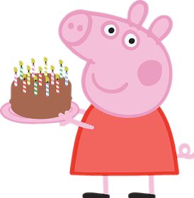 a peppa pig holding a birthday cake with candles on it