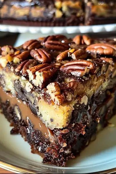 a piece of chocolate pecan pie on a plate