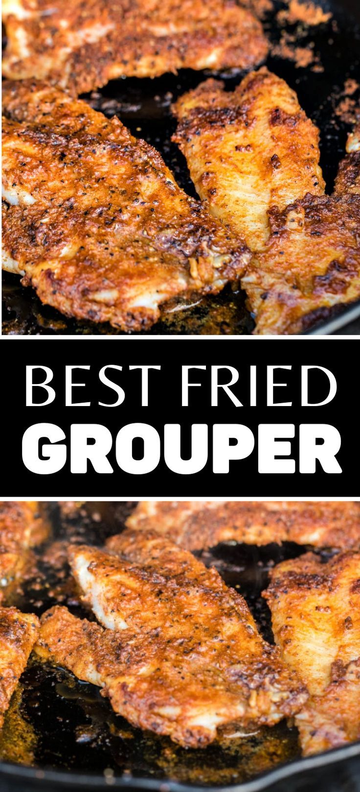 Collage of closeup shot of fried grouper in skillet at top and bottom. Grouper Fish Recipes, Fried Grouper, Grouper Recipe, Grouper Recipes, Grouper Fillet, Grouper Fish, Air Fryer Recipes Snacks, Fried Fish Recipes, Fish Tacos Recipe