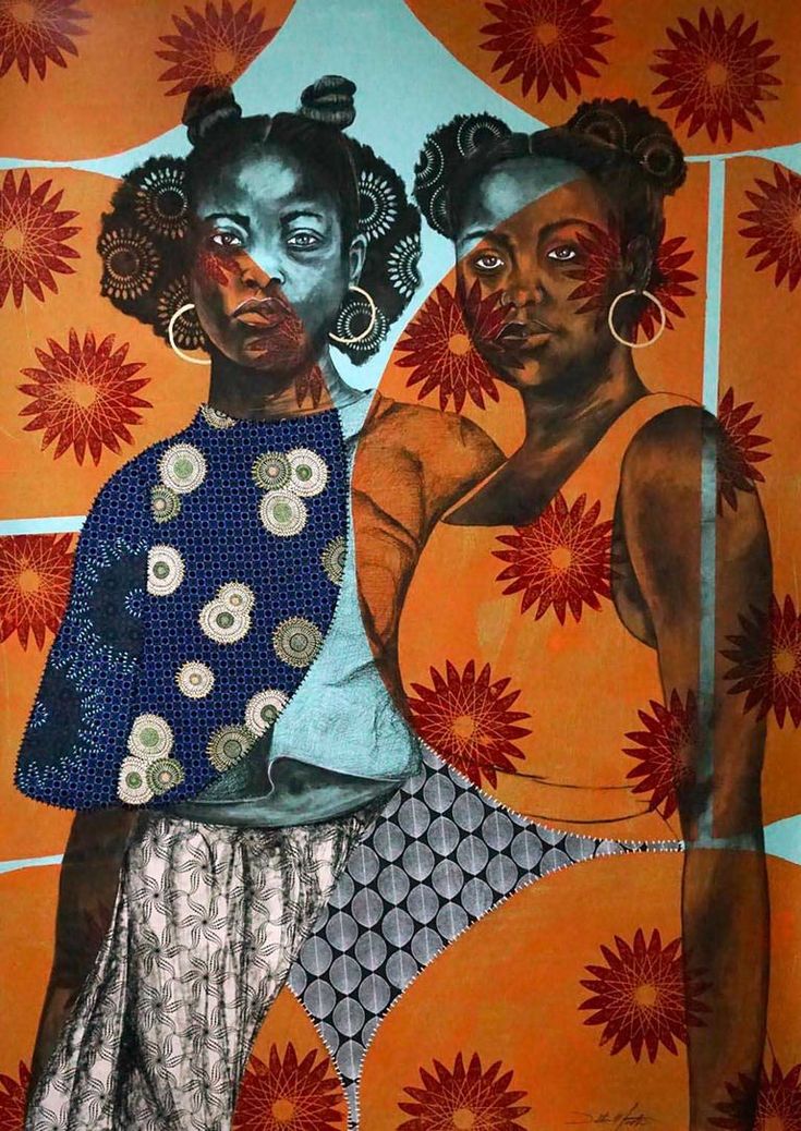 an image of two black women in front of orange and blue wallpaper with flowers