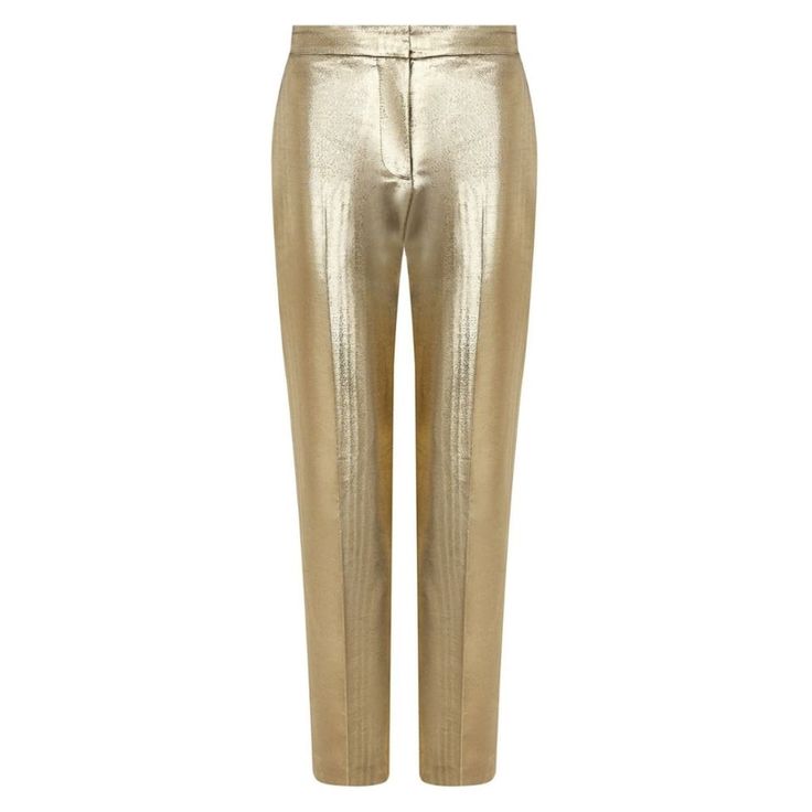 Cigarette pants in gold metallic moiré.Italian-made pants are designed with a slim cigarette-leg silhouette. Slim-leg silhouetteConcealed front hook and zip closurePlead front panelTwo side pocketsOne back pocketCropped lengthComposition: 52% Cotton, 35% Silk, 13% Metalized PolyesterLining: 100% CuproMade in Italy Gold Formal Bottoms, Elegant Gold Fitted Bottoms, Luxury Gold Formal Bottoms, Luxury Ankle-length Pants, Elegant Gold Evening Bottoms, Elegant Metallic Pants For Work, Luxury Gold Party Bottoms, Metallic Fitted Bottoms For Formal Occasions, Fitted Metallic Bottoms For Formal Events