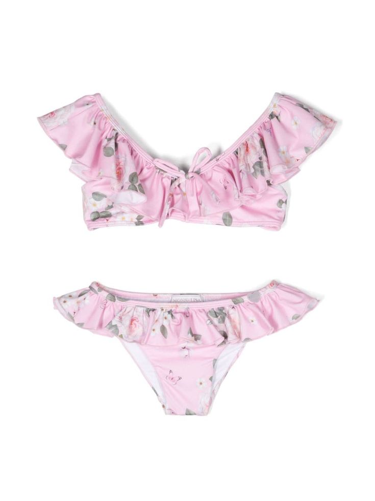 pink stretch-design all-over floral print ruffled detailing full lining Top: bow detailing round neck rear clasp fastening sleeveless elasticated underband Bottoms: classic bottoms Be mindful to try on swimwear over your own garments. Gucci Kids, Stella Mccartney Kids, Bra And Panty Sets, Try On, Moschino, Tankini, Round Neck, Floral Print, Girl Outfits