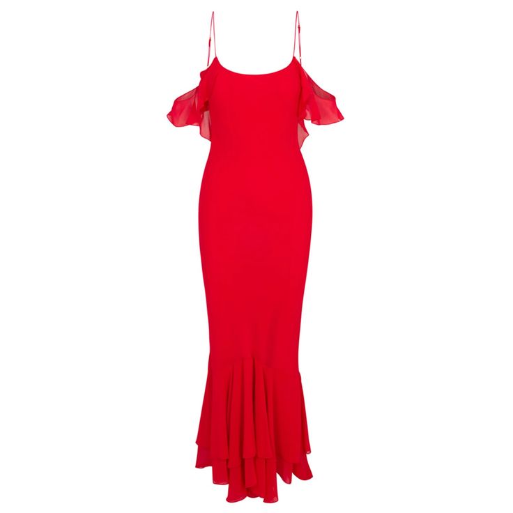 This red chiffon long dress is a stunning piece that will make you stand out from the crowd. The ruffle design and rosette back add a touch of playfulness to the elegant silhouette. The adjustable straps provide a customized fit, ensuring comfort throughout the day or night. Perfect for any special occasion, this dress is sure to make you feel confident and glamorous. Dry Clean only and Made in Los Angeles 100% Polyester Red Dress With Ruffled Straps For Party, Elegant Floor-length Ruffle Dress For Party, Chiffon Maxi Dress With Ruffled Straps For Party, Evening Chiffon Maxi Dress With Ruffled Straps, Chiffon Maxi Dress With Ruffled Straps For Evening, Elegant Maxi Dress With Ruffled Straps For Cocktail, Elegant Chiffon Ruffle Cocktail Dress, Elegant Fitted Chiffon Ruffle Dress, Red Ruffle Dress For Summer Evenings