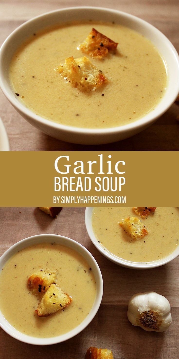 two bowls of garlic bread soup on a wooden table