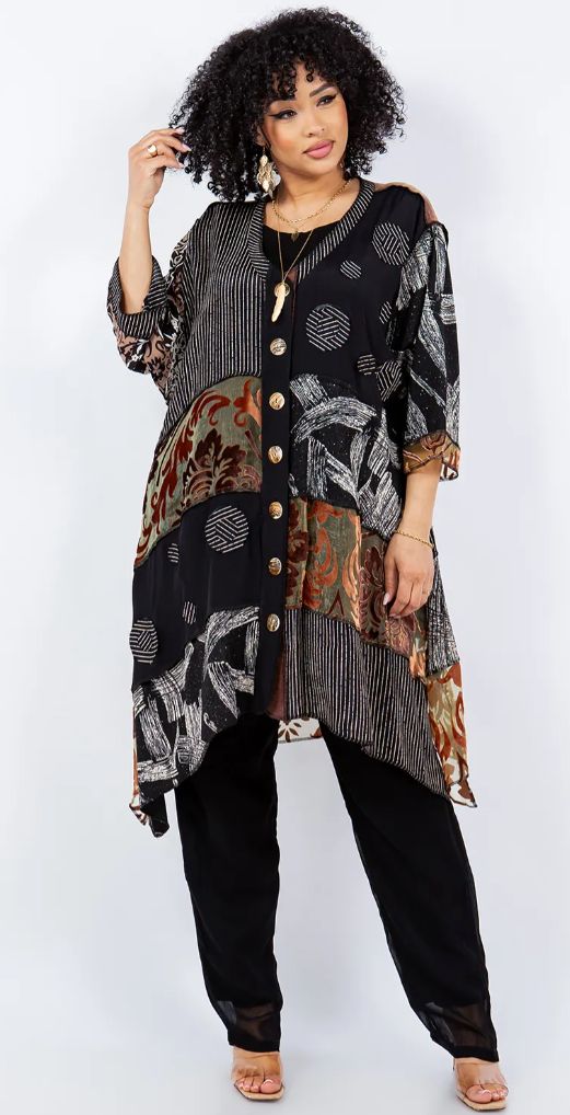 Poly-Rayon blend • dry-clean ONE SIZE FITS SML-2X • Bust 54"• Hips 70"• Length front 32" Nothing Matches Tunic Top or Jacket Perfect to wear all year long, another stitching on the outside bohemian tunic top or wear as a jacket with a touch in a combination of fabrics and some burn-out velvet like texture. Our clothing is comfortable, sophisticated casual, the lifestyle of California wear. Design Details: scoop neck, button front three-quarter sleeves. Pieced nothing-matches fabrics for a stunni Chic Resort Wear, Plus Size Hippie, Hippie Chic Fashion, Boho Wear, Sophisticated Casual, Plus Size Chic, Wearable Art Clothing, Bohemian Tunics, Boho Tunic Tops