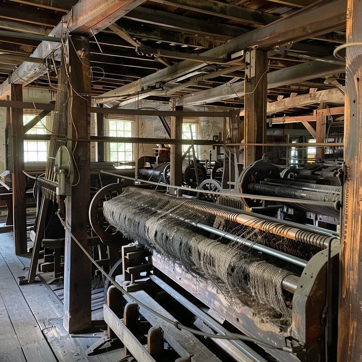 an old weaving machine in the middle of a room with wooden floors and exposed ceilings