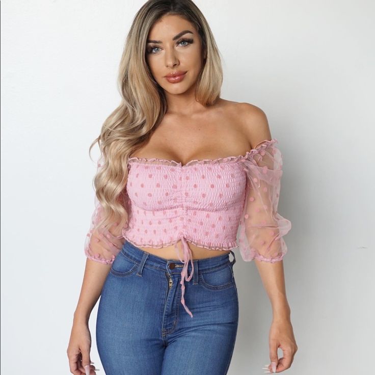 3/4 Mesh Sleeves Polka Dot Design Model Wearing Size Small True To Size Check Out Our Other Boutique Items To Bundle And Save! Fashion Nova Tops, Polka Dot Design, Mesh Sleeves, Dot Design, Cute Fits, Design Model, Off Shoulder Blouse, Fashion Nova, Strapless Top