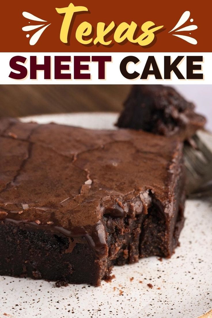 a close up of a piece of cake on a plate with the words texas sheet cake