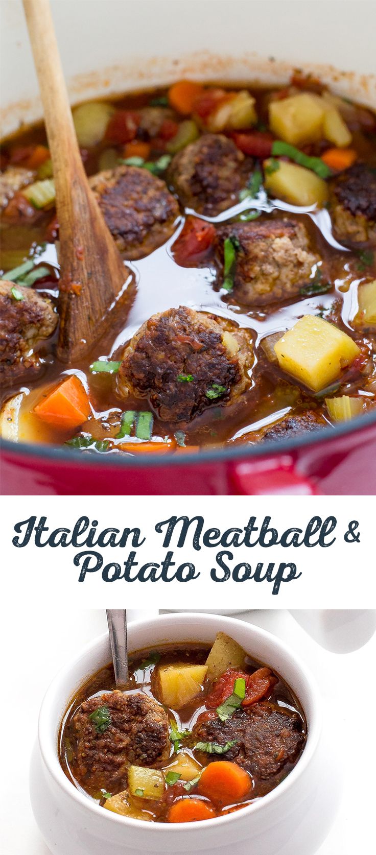 meatball and potato soup in a pot with a wooden spoon