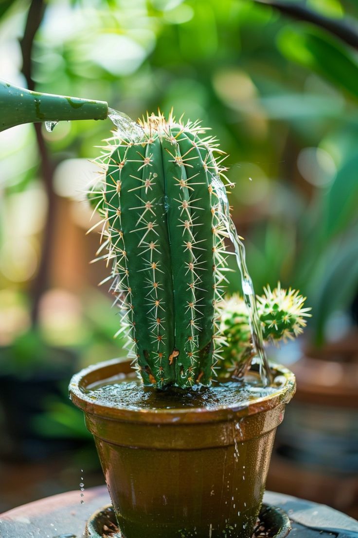 a cactus in a pot with water running down it