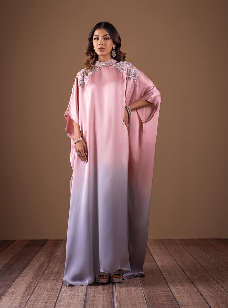 Pink Flame Pink Embroidered Wedding Abaya, Pink Embroidered Floor-length Kaftan, Embroidered Pink Floor-length Kaftan, Pink Evening Abaya, Elegant Pink Thobe For Eid, Elegant Pink Thobe For Wedding, Pink Silk Kaftan With Resham Embroidery, Silk Pink Kaftan With Resham Embroidery, Pink Silk Kaftan For Eid