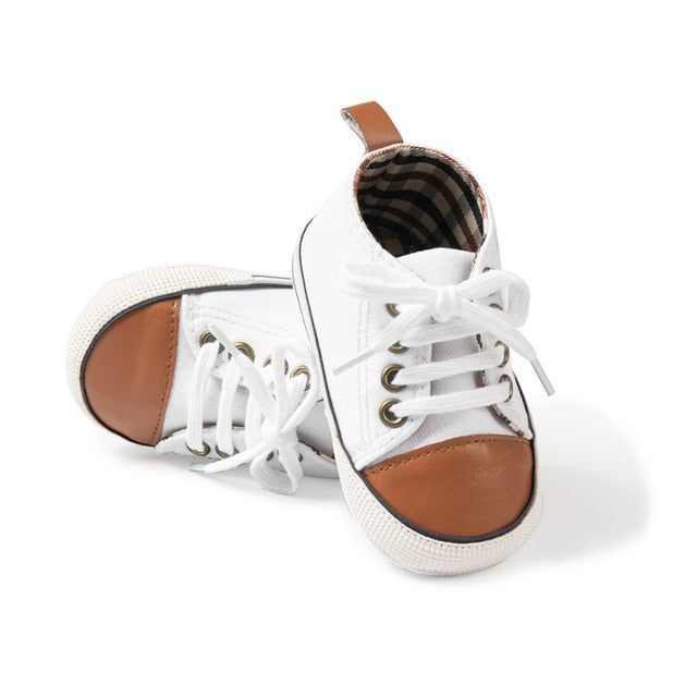 My first Canvas - Baby Canvas sneakers Brown Non-slip High-top Sneakers, Casual High-top White Booties, Casual White High-top Booties, White Lace-up Booties With Soft Sole, Casual Brown Sneakers For Playtime, Casual Brown Sneakers With Soft Sole, Brown Casual Sneakers With Soft Sole, Brown Leather Sneakers With Soft Sole, Brown Lace-up Sneakers With Soft Sole