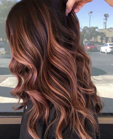 Brunette Hair Ideas Summer, Brown To Copper Balayage, Hair Color Highlights Ideas, Brown Hair Color Highlights, Dark Copper Balayage Brunette, Red Balayage Hair, Highlights Ideas, Color Highlights, Brown Hair Color