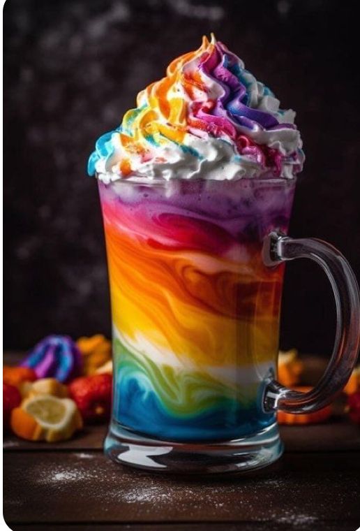 a colorful drink with whipped cream and rainbow colors