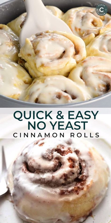 cinnamon rolls with icing in a pan and the words quick & easy no yeast cinnamon rolls