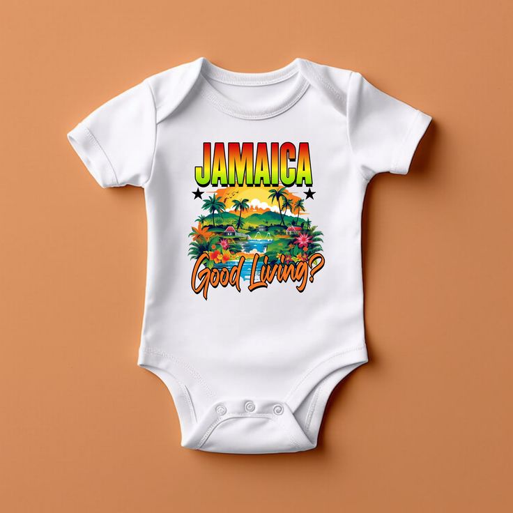 Rapunzie's vibrant and culturally inspired "Jamaica Good Living?" Baby Onesie, designed to celebrate the spirit and beauty of Jamaica! Crafted with care and made from 100% cotton, this onesie ensures ultimate comfort and breathability for your baby's delicate skin. Featuring a captivating graphic of the island of Jamaica, this onesie showcases the iconic shape and charm of this Caribbean paradise. The high-quality printing brings the design to life, capturing the lush greenery, sandy beaches, an Fitted Cotton Bodysuit For Vacation, Cotton Fitted Bodysuit For Vacation, Fitted Cotton Onesie For Beach, Short Sleeve Cotton Onesie For The Beach, Summer Cotton Bodysuit With Graphic Print, Multicolor Cotton Short Sleeve Bodysuit, Multicolor Short Sleeve Cotton Bodysuit, Jamaican Bathing Suits, Summer Cotton Onesie With Graphic Print