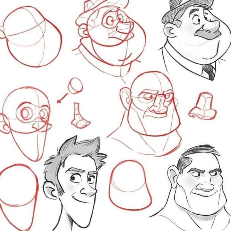 some cartoon faces with different facial expressions and haircuts, one is drawn in red pencil