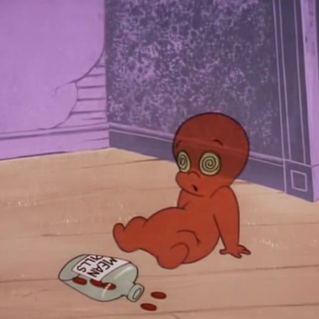 an animated baby sitting on the floor next to a bottle with spilled chocolate milk in it