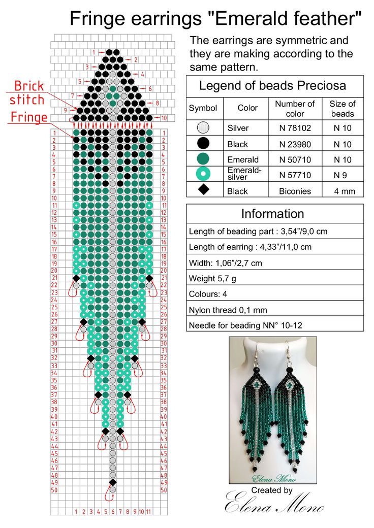 a cross stitch pattern with the instructions for fringe earrings'emerald feather ', which is designed