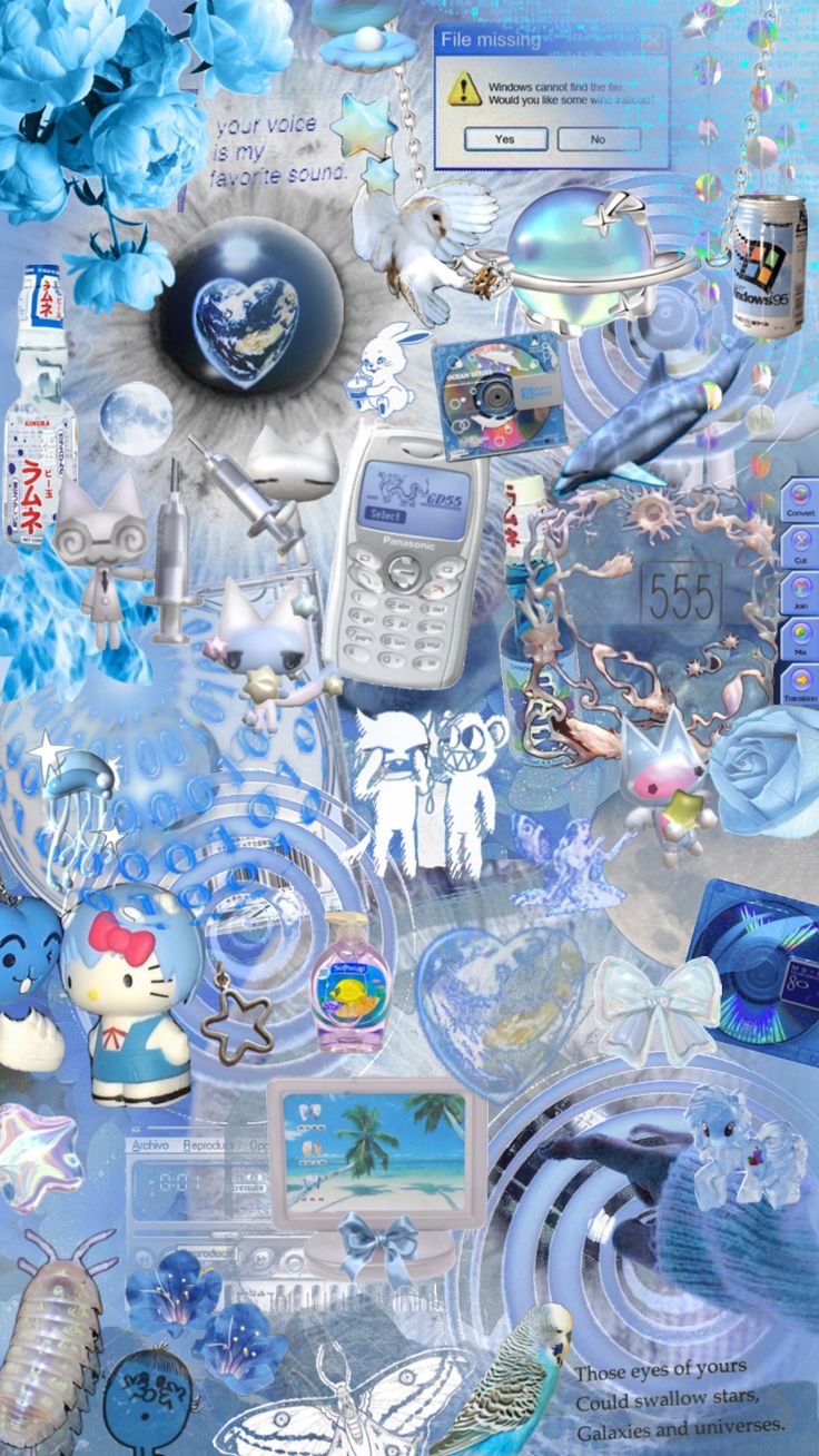 a collage of blue and white items with flowers on the bottom right hand corner