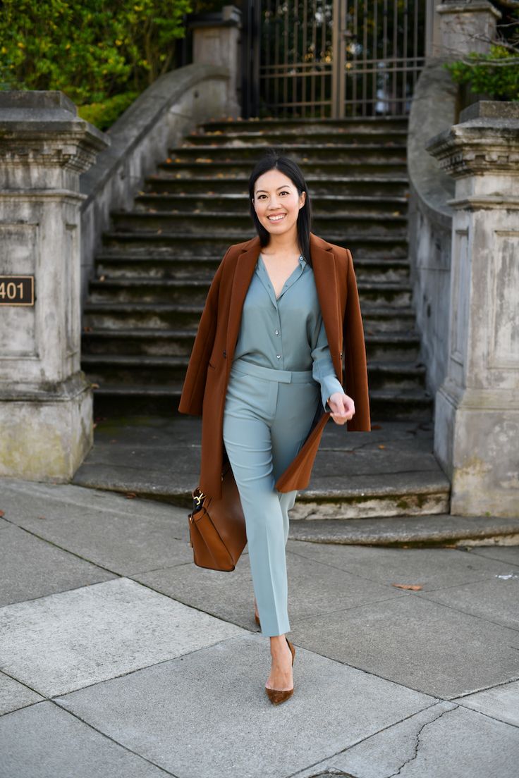 9to5chic | Chestnut & Teal Brown Pants Work Outfit, Teal Outfits, Pijamas Women, Work Chic, Professional Attire, Business Outfit, Brown Coat, Casual Work Outfits, Work Wardrobe