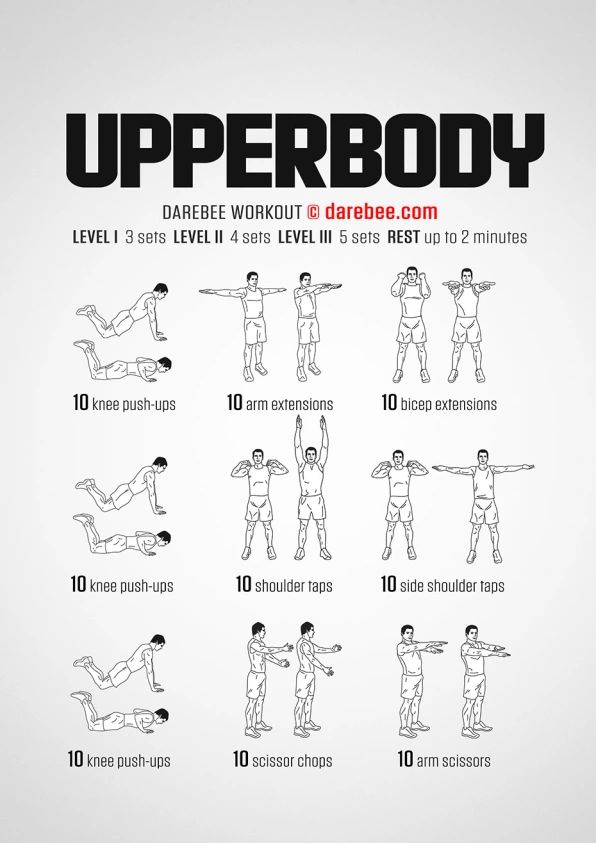 the upper body workout poster is shown in black and white