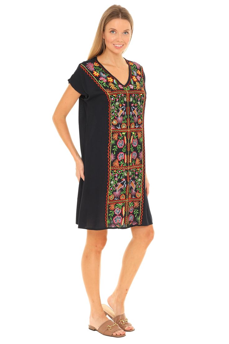 Be ready for warm weather with this chic dress that features a floral pattern and breezy short-sleeve design. Size S: 35'' long from high point of shoulder to hem 100% rayon Machine wash Spring V-neck Rayon Dress With Short Sleeves, Multicolor Short Sleeve V-neck Dress For Vacation, Bohemian Multicolor V-neck Dress With Short Sleeves, Short Sleeve V-neck Sundress For Vacation, Knee-length Summer Short Sleeve Dress For Vacation, Summer Knee-length Short Sleeve Dress For Vacation, Knee-length Summer Dress For Vacation, Summer Floral Printed Knee-length Embroidered Dress, Summer Short Sleeve V-neck Sundress