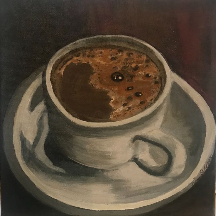 a painting of a cup of coffee on a saucer