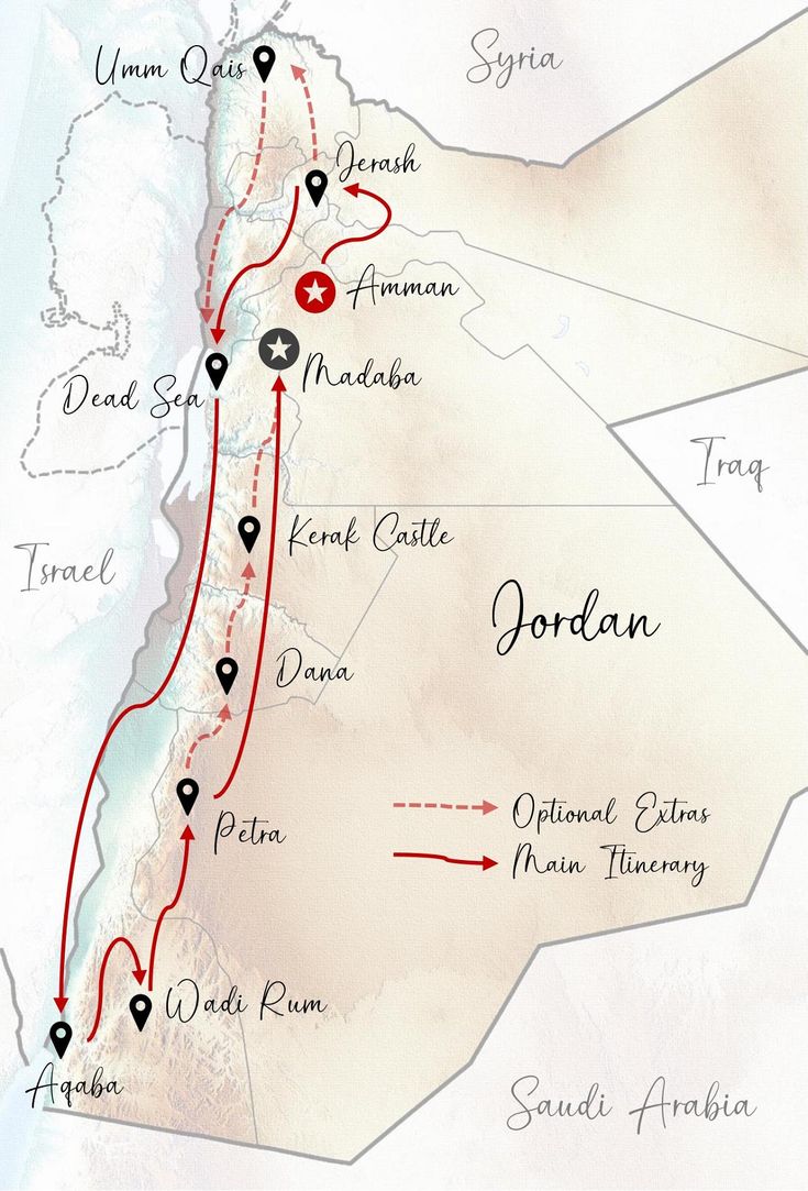 a map showing the route for jordan and other places to go on an itinere