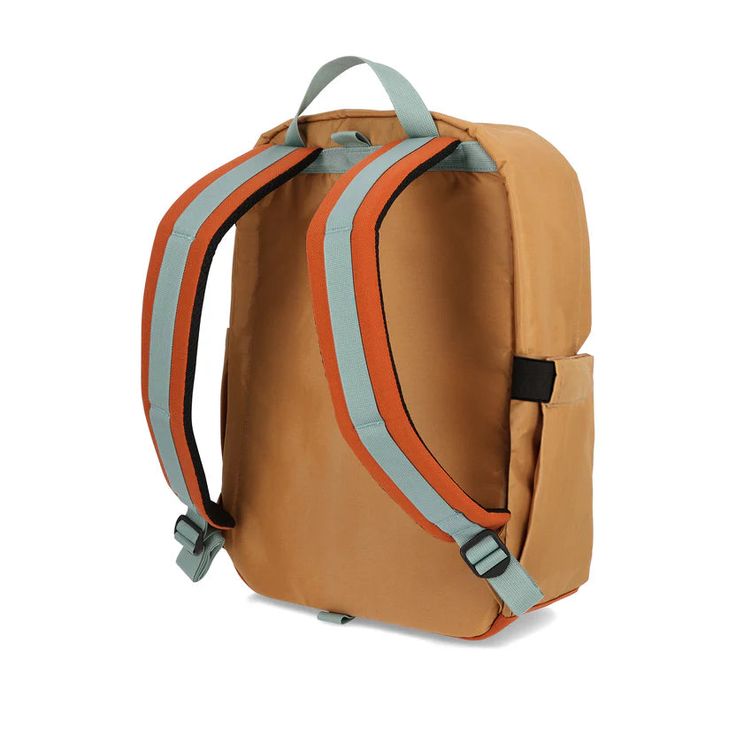 an orange and blue backpack with straps on it's back pocket, sitting against a white background